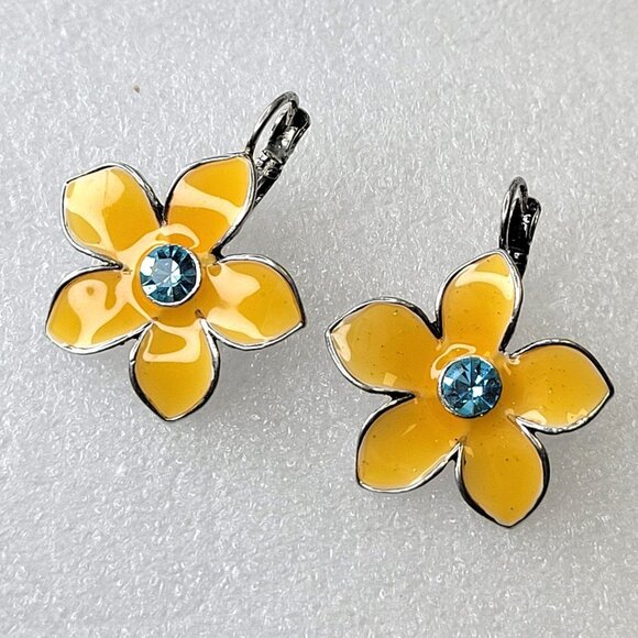 Yellow Enamel Flower Earrings with Blue Rhinestone - Picture 7 of 10